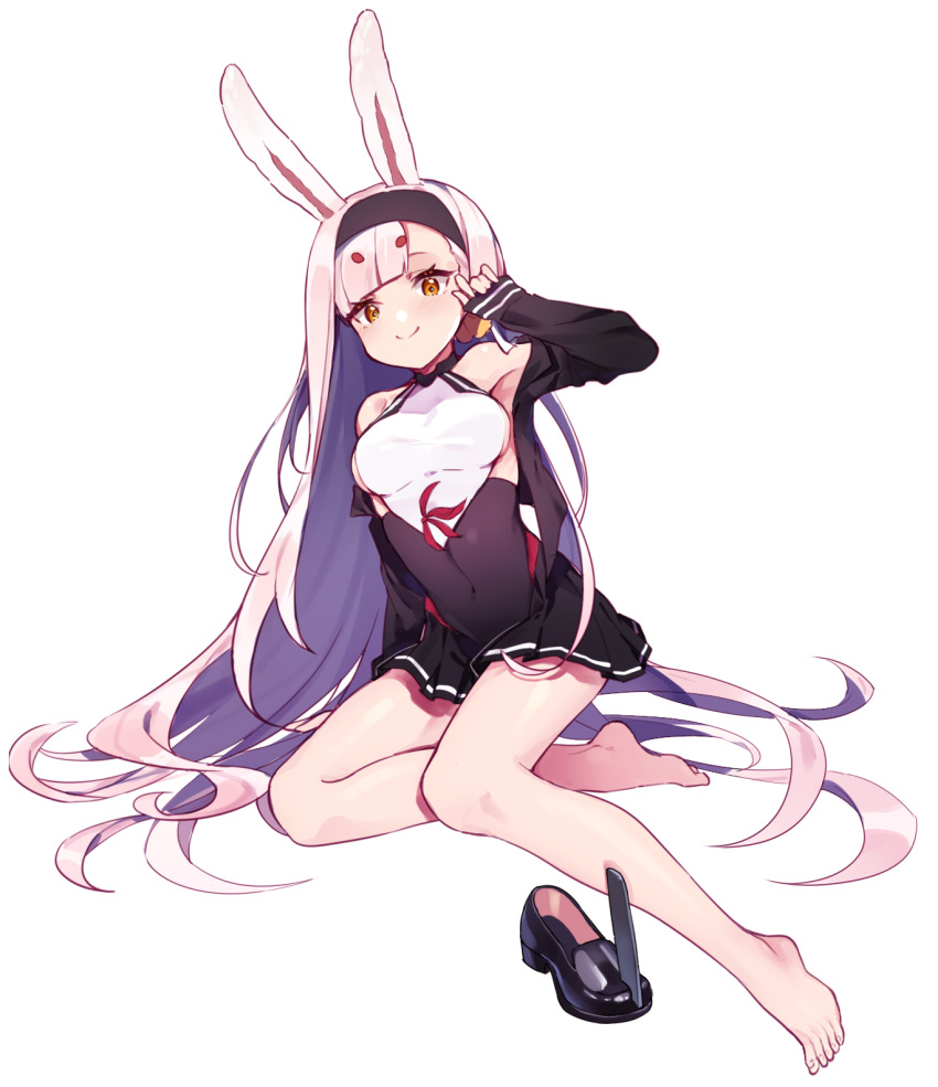 1girl animal_ears armpit_peek azur_lane bangs bare_legs barefoot black_cardigan black_dress black_footwear breasts cardigan dress footwear_removed hairband halter_dress hand_on_own_face highres long_hair looking_at_viewer open_cardigan open_clothes orange_eyes parted_bangs pink_hair rabbit_ears sharlorc shimakaze_(azur_lane) short_dress sideboob simple_background sitting sleeves_past_wrists smile solo toenails very_long_hair white_background yokozuwari