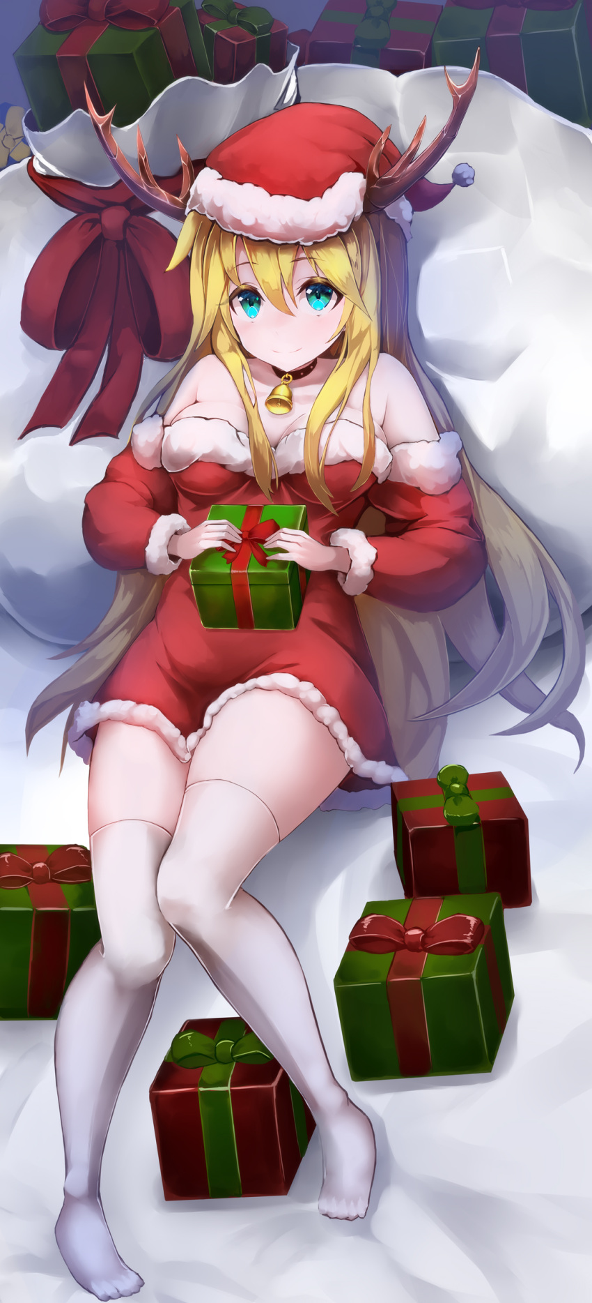 1girl antlers bell bell_collar blue_eyes box breasts christmas cleavage collar collarbone detached_sleeves dress eyebrows_visible_through_hair full_body fur-trimmed_dress fur-trimmed_hat fur-trimmed_sleeves fur_trim gift gift_bag gift_box hair_between_eyes hat highres kuronosu_(yamada1230) long_sleeves looking_at_viewer medium_breasts on_box original red_dress red_headwear red_ribbon red_sleeves reindeer_antlers ribbon santa_costume santa_hat short_dress sleeveless sleeveless_dress solo strapless strapless_dress thigh-highs white_legwear zettai_ryouiki