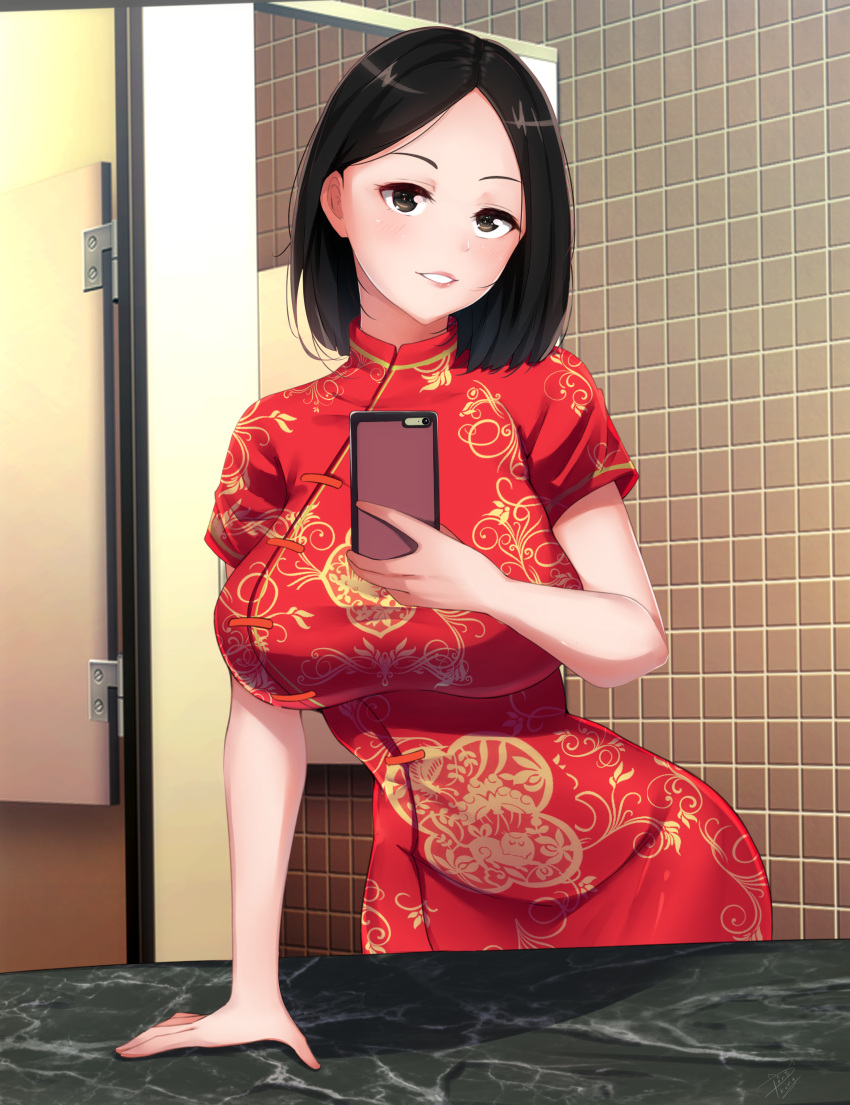 1girl absurdres bathroom black_hair blush breasts brown_eyes cellphone character_request chinese_clothes commentary copyright_request highres holding holding_cellphone holding_phone huge_breasts huge_filesize indoors looking_at_viewer lovesexieie phone short_hair short_sleeves smartphone smile solo standing teeth tiles
