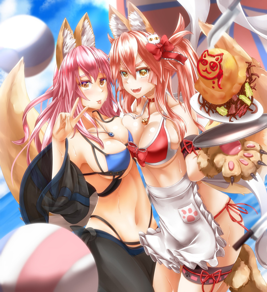 2girls animal_ear_fluff animal_ears apron beach bell bell_collar bikini blue_bikini blue_sky blush breast_press breasts cat_paws cleavage collar collarbone dual_persona fangs fate/grand_order fate_(series) food fox_ears fox_girl fox_tail gloves highres jewelry jingle_bell large_breasts long_hair looking_at_viewer multiple_girls necklace open_mouth outdoors paw_gloves paw_shoes paws pendant pink_hair ponytail shoes sky smile swimsuit symmetrical_docking tail tamamo_(fate)_(all) tamamo_cat_(fate) tamamo_no_mae_(fate) tongue totororo yellow_eyes