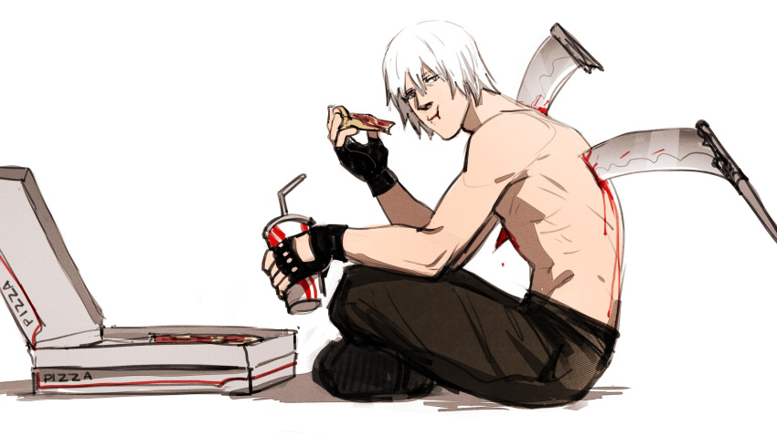 1boy black_footwear black_gloves black_legwear bleeding blood bloody_weapon boots broken broken_weapon closed_mouth cup dante_(devil_may_cry) devil_may_cry devil_may_cry_3 donlemefo drinking_straw dripping eating fingerless_gloves food gloves grey_eyes highres holding holding_cup holding_pizza impaled injury pizza pizza_box scythe shirtless simple_background sitting solo weapon white_background white_hair