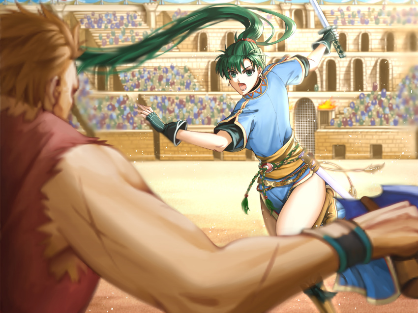 1boy 1girl absurdres arena battle colosseum delsaber earrings fingerless_gloves fire_emblem fire_emblem:_rekka_no_ken fire_emblem_heroes gloves green_eyes green_hair high_ponytail highres intelligent_systems jewelry long_hair looking_at_viewer lyndis_(fire_emblem) nintendo pelvic_curtain ponytail side_slit sword weapon