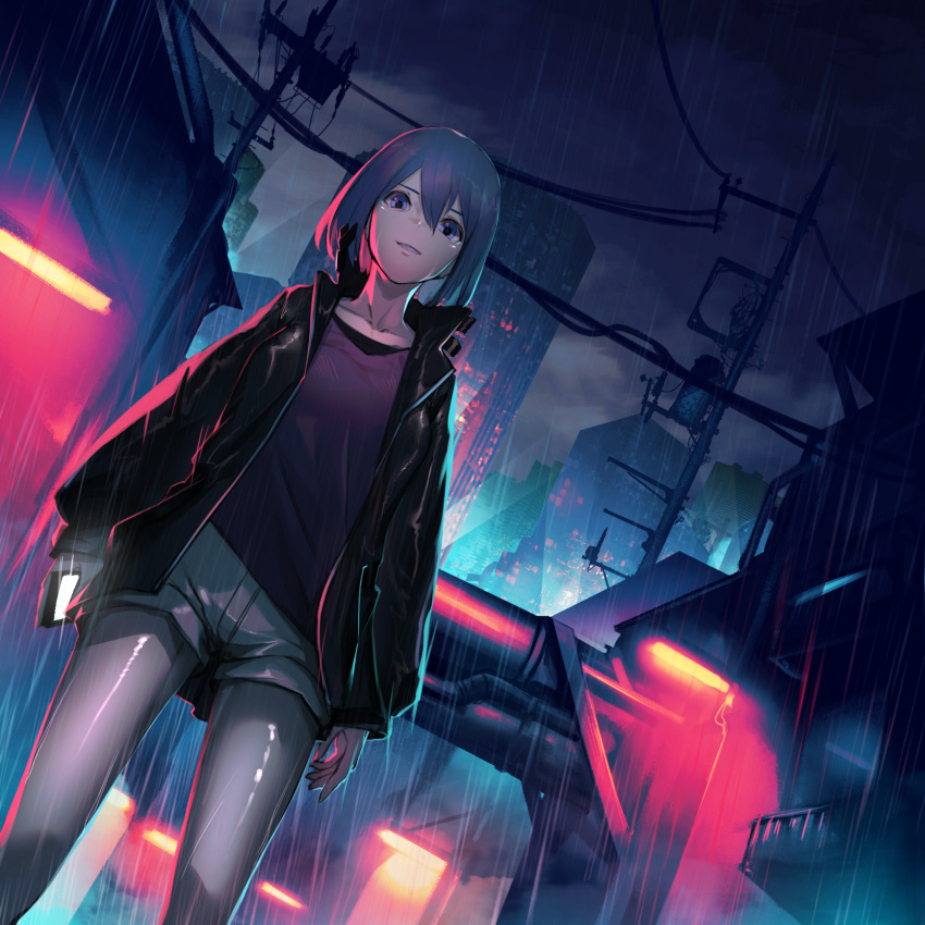 1girl bangs black_jacket blue_eyes blue_hair building cellphone clouds cloudy_sky collarbone commentary_request evil_grin evil_smile eyebrows_visible_through_hair fixro2n grey_legwear grey_shorts grin hair_between_eyes highres holding holding_cellphone holding_phone jacket lamp leather leather_jacket legwear_under_shorts looking_at_viewer night night_sky official_art open_clothes open_jacket original outdoors overcast pantyhose phone purple_shirt rain shirt short_shorts shorts sky skyscraper sleeves_past_wrists smile solo standing telephone_pole