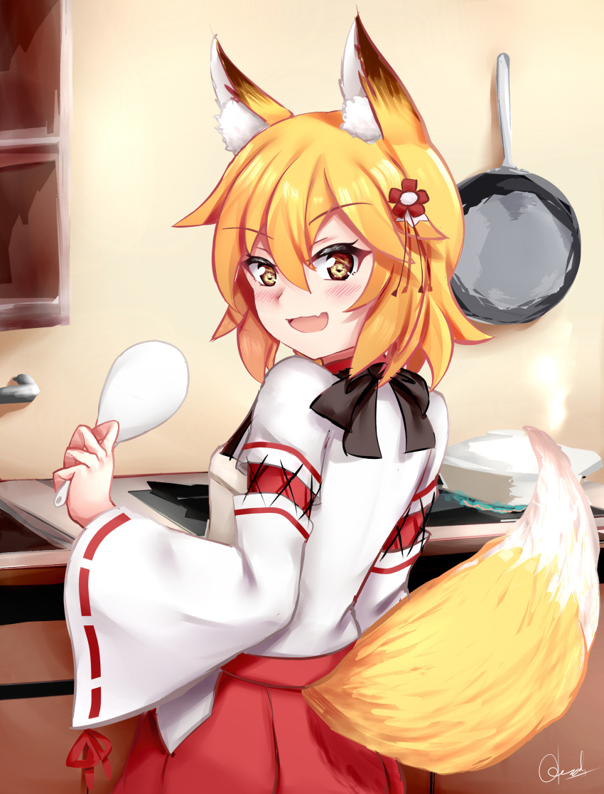 1girl :d absurdres animal_ear_fluff animal_ears apron bangs blonde_hair blush brown_apron brown_hair chrisandita commentary eyebrows_visible_through_hair fang flower fox_ears fox_girl fox_tail frying_pan hair_between_eyes hair_flower hair_ornament highres holding indoors japanese_clothes kimono kitchen long_sleeves looking_at_viewer looking_back open_mouth red_flower redhead ribbon-trimmed_sleeves ribbon_trim senko_(sewayaki_kitsune_no_senko-san) sewayaki_kitsune_no_senko-san signature smile solo stove tail tail_raised v-shaped_eyebrows white_kimono wide_sleeves