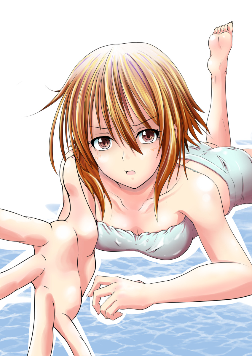 11la1047 1girl barefoot blonde_hair bra breasts brown_eyes cleavage collarbone eyebrows_visible_through_hair grand_blue grey_bra grey_shorts hair_between_eyes highres kotegawa_chisa leg_up looking_at_viewer lying midriff on_stomach open_mouth outstretched_arm outstretched_hand short_hair short_shorts shorts simple_background small_breasts soles solo strapless strapless_bra underwear white_background
