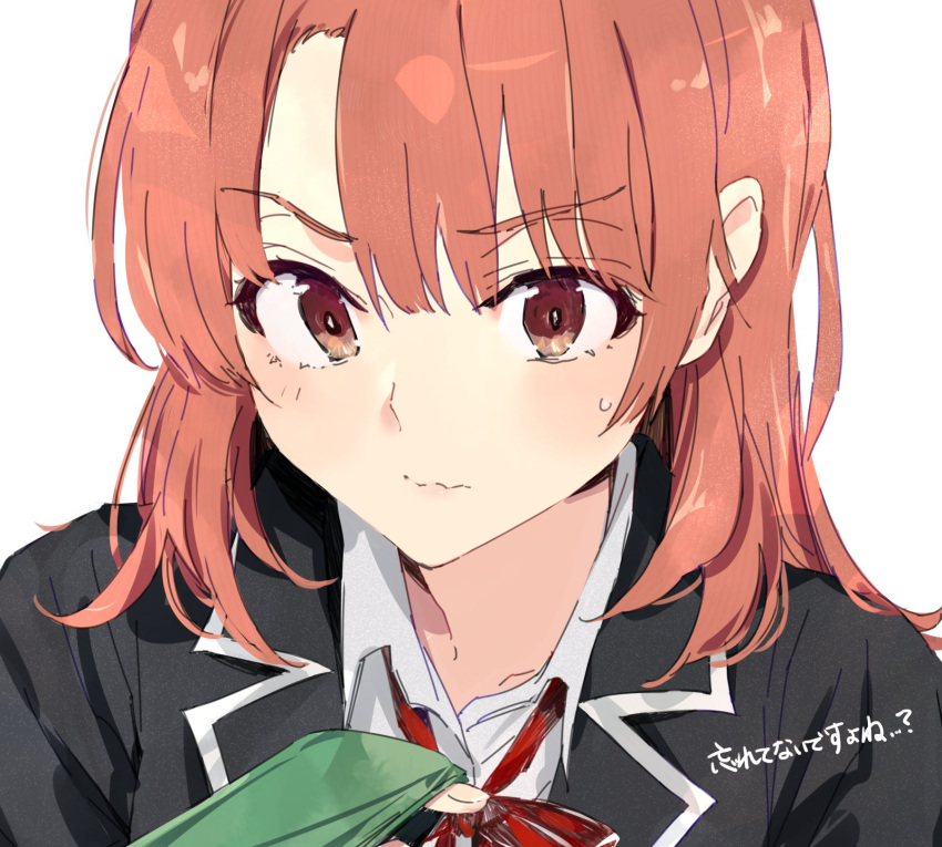 1girl black_jacket close-up eyebrows_visible_through_hair highres isshiki_iroha jacket looking_at_viewer necktie ponkan_8 red_eyes redhead school_uniform short_hair simple_background solo translation_request wavy_mouth white_background yahari_ore_no_seishun_lovecome_wa_machigatteiru.