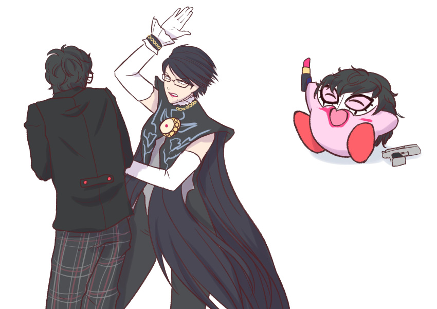 1girl 2boys absurdres amamiya_ren atlus bayonetta bayonetta_(character) beating black_hair comedy cosplay elbow_gloves glasses gloves gun hal_laboratory_inc. highres hoshi_no_kirby jewelry kirby kirby_(series) lipstick makeup mask megami_tensei multiple_boys necklace nintendo pants persona persona_5 platinum_games_inc. roviahc school_uniform sega short_hair slapping sora_(company) super_smash_bros. super_smash_bros._ultimate super_smash_bros_64 super_smash_bros_for_wii_u_and_3ds uniform weapon what