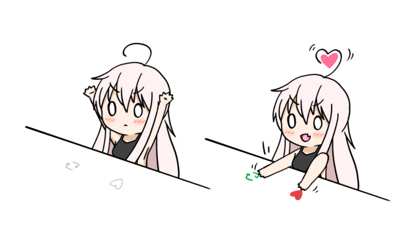1girl bangs black_tank_top blank_eyes blush bongo_cat chiya_(urara_meirochou) closed_mouth commentary_request fang happy heart long_hair open_mouth replay silver_hair simple_background smile tank_top urara_meirochou wachiki_kokeko white_background white_eyes