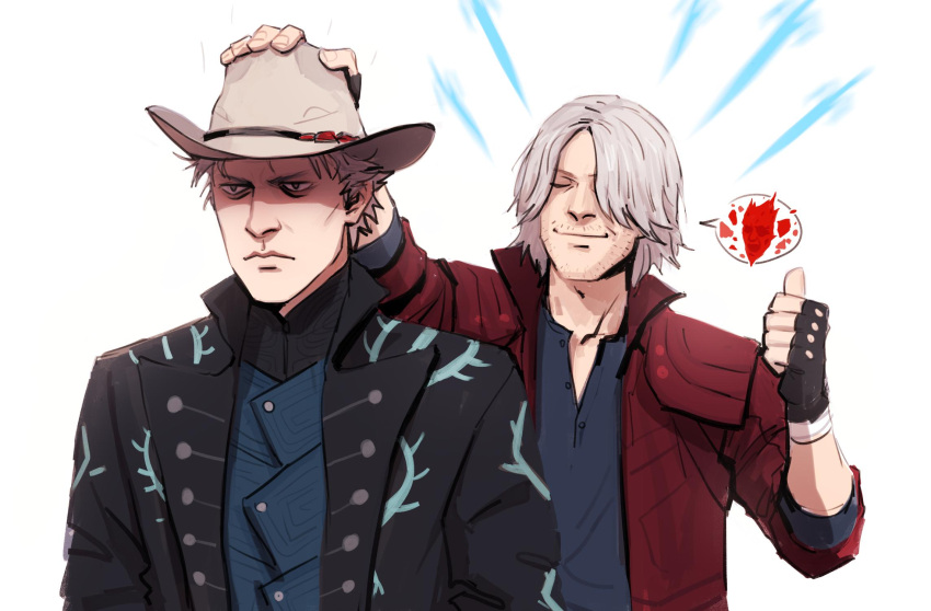 2boys black_coat black_gloves closed_eyes closed_mouth coat dante_(devil_may_cry) devil_may_cry devil_may_cry_5 donlemefo facial_hair fingerless_gloves frown gloves hat highres multiple_boys open_eyes red_coat simple_background sleeves_rolled_up smile thumbs_up unbuttoned unbuttoned_shirt upper_body vergil white_background white_hair zipper_pull_tab