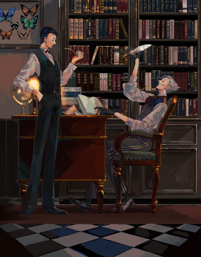 2boys absurdres black_gloves black_hair book bookshelf bug butterfly chair checkered checkered_floor desk facial_hair fate/grand_order fate_(series) globe gloves grey_hair grin hand_in_pocket highres insect james_moriarty_(fate/grand_order) multiple_boys mustache pipe quill sherlock_holmes_(fate/grand_order) sitting smile vest