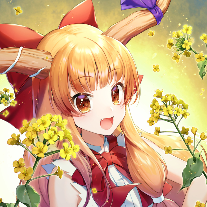 1girl :d bangs bare_shoulders blonde_hair bow bowtie commentary_request eyebrows_visible_through_hair fang flower gradient gradient_background hair_bow highres horn_ribbon horns ibuki_suika leaf long_hair looking_at_viewer momoshiki_tsubaki oni oni_horns open_mouth orange_eyes petals purple_ribbon red_bow red_neckwear ribbon shirt sidelocks sleeveless sleeveless_shirt smile solo touhou upper_body white_background white_shirt yellow_background yellow_flower