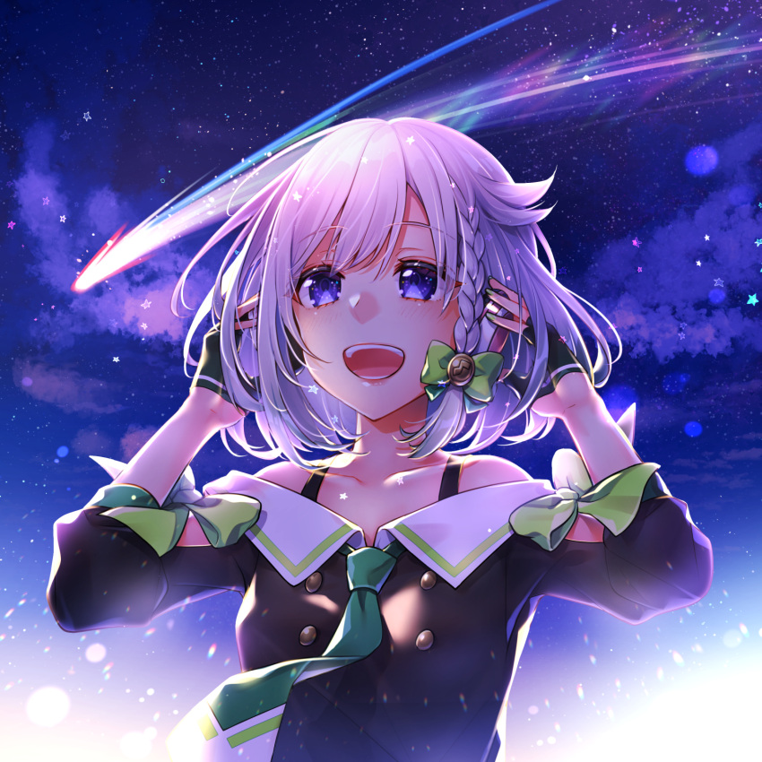1girl :d arms_up bangs bare_shoulders black_gloves black_shirt blush bow bra_strap braid clouds collarbone eyebrows_visible_through_hair fingerless_gloves gloves green_bow green_neckwear half_gloves highres kitazume_kumie long_sleeves looking_afar looking_away necktie night night_sky off-shoulder_shirt off_shoulder open_mouth outdoors shirt shooting_star short_hair side_braid simple_background sky smile solo star upper_body violet_eyes virtual_youtuber yuni_(yuni_channel) yuni_channel
