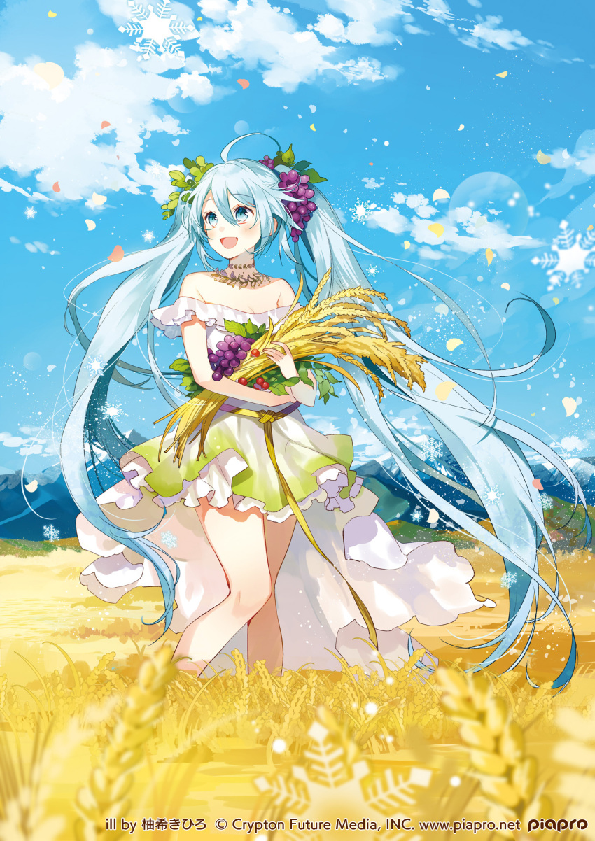 1girl aqua_eyes aqua_hair clouds copyright_name day dress hatsune_miku highres long_hair looking_to_the_side mountain open_mouth sky smile snowflakes solo standing strapless strapless_dress twintails very_long_hair vocaloid wheat wheat_field yuzuki_kihiro