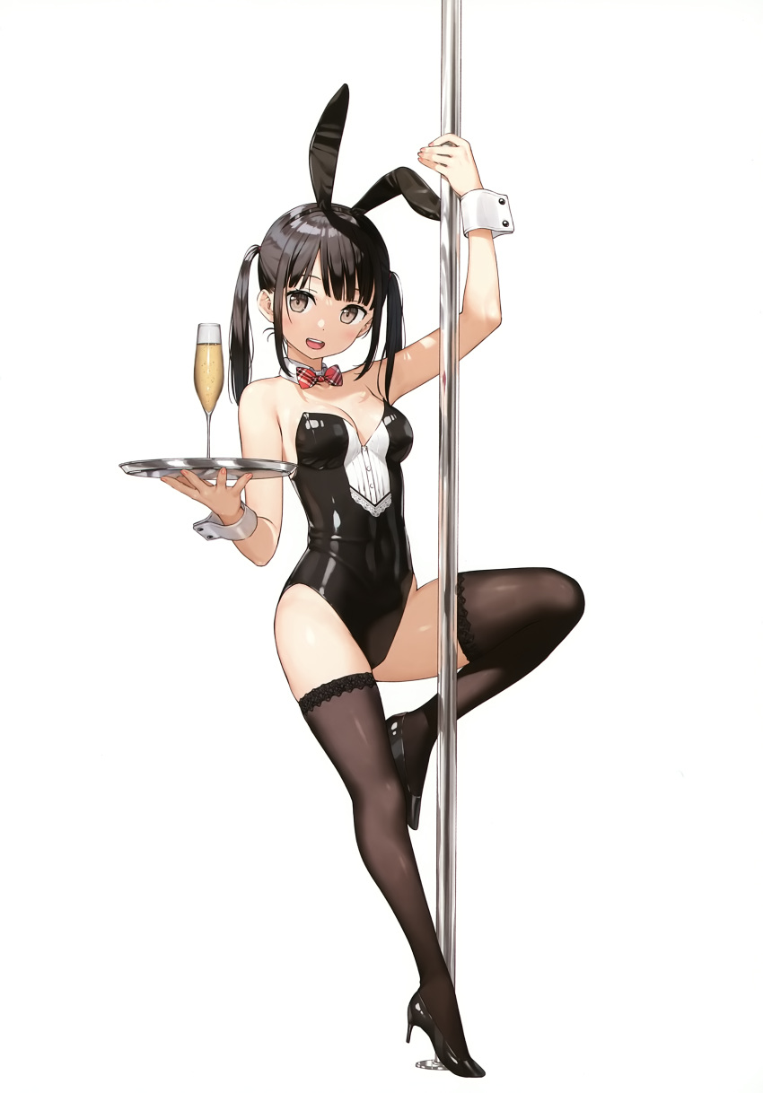 1girl :d absurdres animal_ears arm_up bare_arms bare_shoulders black_footwear black_hair black_leotard bow bowtie breasts brown_eyes brown_legwear cup detached_collar drinking_glass fake_animal_ears full_body high_heels highres holding holding_tray kantoku latex leg_up leotard long_hair looking_at_viewer medium_breasts open_mouth original pole rabbit_ears scan sidelocks simple_background smile solo strapless strapless_leotard thigh-highs thighs tray twintails white_background wine_glass wrist_cuffs