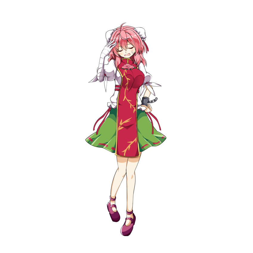 1girl ahoge aki_chimaki bandage bandaged_arm bandages bangs breasts bun_cover chains chinese_clothes cuffs double_bun flower full_body green_skirt hair_between_eyes highres ibaraki_kasen large_breasts medium_hair pink_eyes pink_flower pink_hair pink_rose puffy_short_sleeves puffy_sleeves rose shackles short_sleeves skirt solo tabard tachi-e touhou