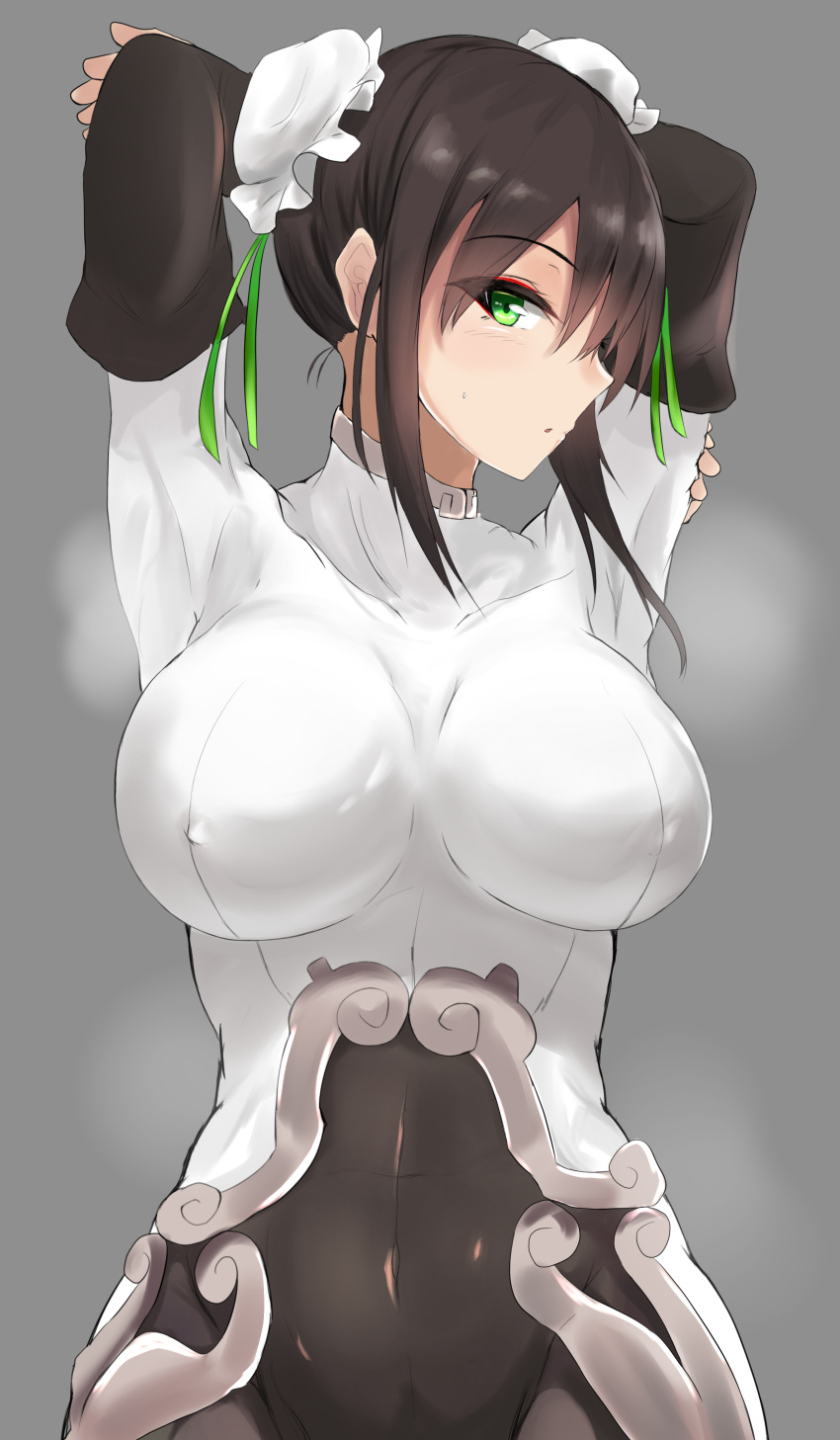 1girl absurdres bangs black_hair blush bodysuit breasts bun_cover covered_navel double_bun erect_nipples eyebrows_visible_through_hair fate/grand_order fate_(series) fingerless_gloves gloves green_eyes highres large_breasts looking_at_viewer negi_(sakuyaizayoi1029) qin_liangyu_(fate) sidelocks skin_tight solo steaming_body