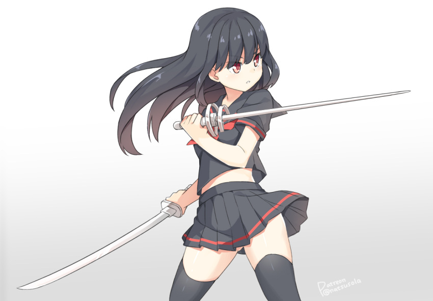 1girl bangs black_hair black_legwear black_serafuku black_shirt black_skirt blush commentary_request dual_wielding eyebrows_visible_through_hair gradient gradient_background grey_background hair_between_eyes hatsunatsu holding holding_sword holding_weapon katana long_hair looking_away looking_to_the_side original parted_lips pleated_skirt puffy_short_sleeves puffy_sleeves red_eyes red_neckwear school_uniform serafuku shirt short_sleeves skirt solo sword thigh-highs twitter_username v-shaped_eyebrows very_long_hair weapon white_background