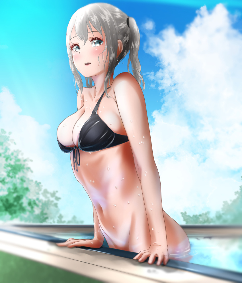 1girl alternate_costume ass black_bikini_top blue_eyes blush bottomless breasts clouds gradient_sky grass hair_between_eyes highres kantai_collection kashima_(kantai_collection) large_breasts looking_at_viewer navel no_panties open_mouth pool sidelocks silver_hair sky smile solo tama_(seiga46239239) tree twintails water_drop wavy_hair
