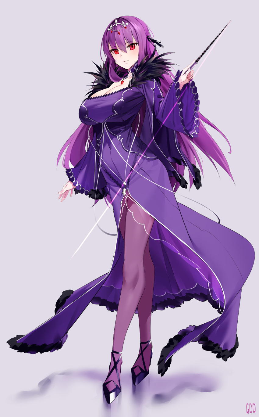 1girl absurdres bangs black_ribbon breasts cleavage dress expressionless fate/grand_order fate_(series) feather_trim fur_trim grey_background hair_between_eyes hair_ribbon hand_up headpiece high_heels highres holding holding_wand large_breasts long_hair long_sleeves looking_at_viewer pantyhose purple_dress purple_hair purple_ribbon red_eyes ribbon scathach_(fate)_(all) scathach_skadi_(fate/grand_order) simple_background solo tiara vkejr702 wand wide_sleeves