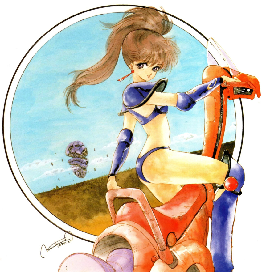 1985 1girl 80s armor armored_boots asagiri_youko ass bikini_armor boots brown_eyes brown_hair butt_crack dated earrings frame genmu_senki_leda high_ponytail highres inomata_mutsumi jewelry long_hair official_art oldschool pauldrons riding solo traditional_media vambraces vehicle watercolor_(medium)