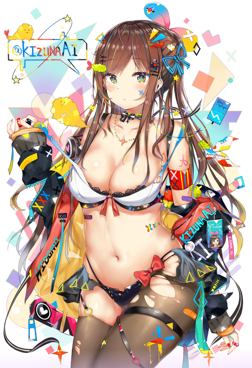 1girl a.i._channel absurdres araragikoyomis bangs bare_shoulders blush breasts brown_hair cleavage cleavage_cutout cosplay cowboy_shot dress eyebrows_visible_through_hair green_eyes groin hair_ornament hairband hairclip hand_up highres jacket kaguya_luna kaguya_luna_(cosplay) kizuna_ai large_breasts long_hair looking_at_viewer multicolored_hair navel off_shoulder open_clothes open_skirt panties ribbon skirt smile solo stomach the_moon_studio thigh-highs torn_clothes twintails underwear virtual_youtuber