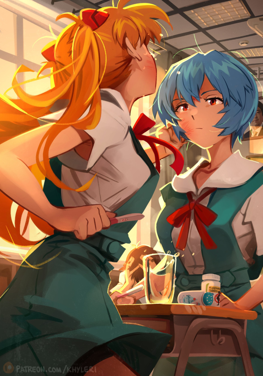 1boy 2girls :| abe_shinzou absurdres ayanami_rei blue_hair breasts brown_hair closed_mouth commentary cup desk english_commentary expressionless headgear highres ikari_shinji implied_pregnancy indoors interface_headset khyle. looking_at_another medium_breasts multiple_girls neon_genesis_evangelion orange_hair pill_bottle portrait_(object) pregnancy_test red_eyes school_desk school_uniform short_hair slap_mark slap_mark_on_face slapping souryuu_asuka_langley tokyo-3_middle_school_uniform twintails water