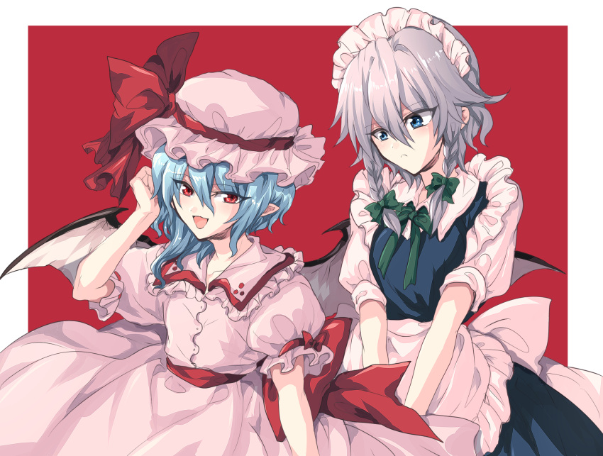 2girls :d aki_(doku) apron bangs bat_wings blue_dress blue_eyes blue_hair border bow braid commentary_request cowboy_shot dress eyebrows_visible_through_hair frilled_apron frilled_shirt_collar frills green_bow green_neckwear green_ribbon hair_between_eyes hair_bow hand_up hat hat_ribbon head_tilt highres izayoi_sakuya looking_at_viewer maid maid_apron maid_headdress mob_cap multiple_girls neck_ribbon open_mouth outside_border pink_dress pink_headwear pointy_ears puffy_short_sleeves puffy_sleeves red_background red_eyes red_ribbon red_sash remilia_scarlet ribbon sash shirt short_hair short_sleeves silver_hair simple_background smile touhou twin_braids v_arms waist_apron white_apron white_border white_shirt wings