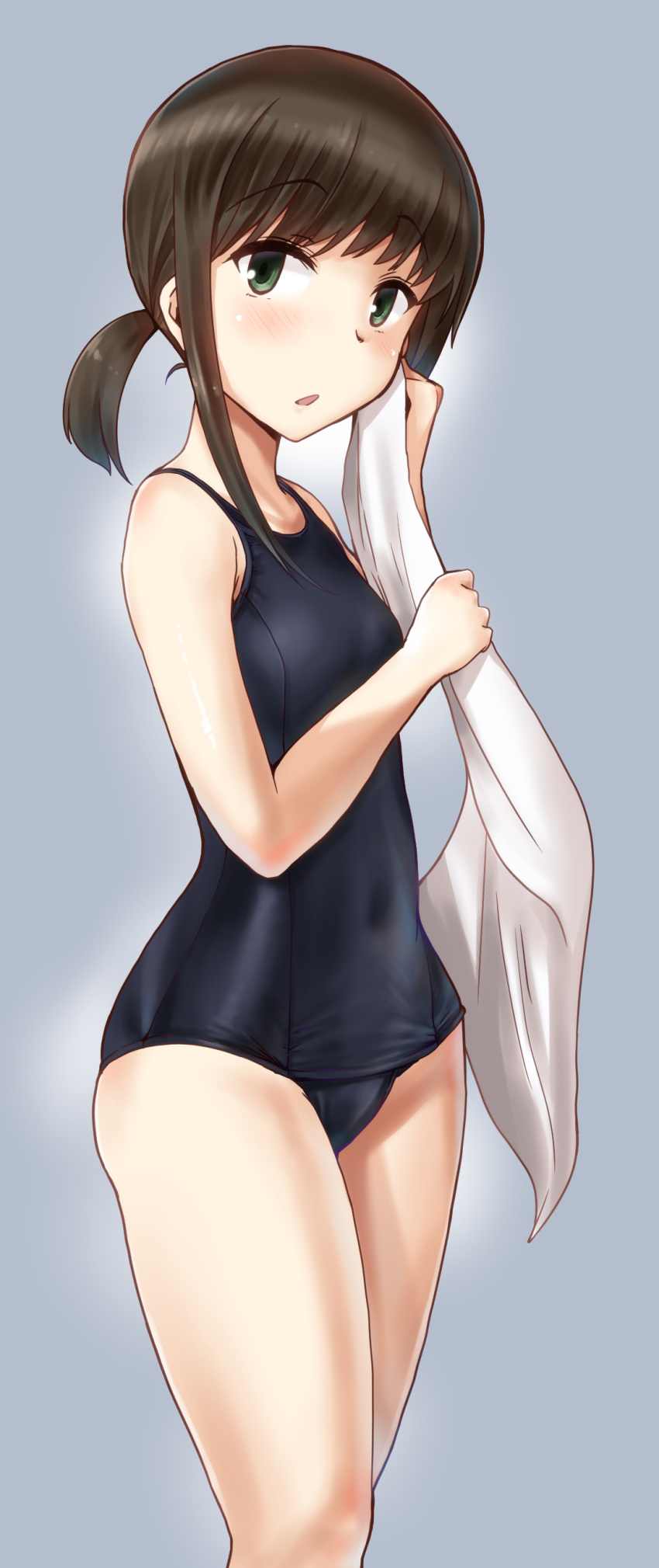 1girl absurdres black_hair black_swimsuit chestnut_mouth commentary_request covered_navel cowboy_shot flat_chest fubuki_(kantai_collection) green_eyes grey_background highres kantai_collection looking_at_viewer minase_(takaoka_nanase) old_school_swimsuit ponytail school_swimsuit sidelocks simple_background solo standing swimsuit towel white_towel wide_hips