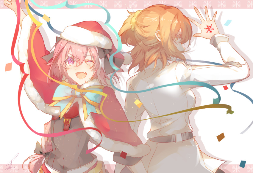 1boy 1girl alternate_costume armor astolfo_(fate) belt black_bow black_ribbon bow braid chaldea_uniform christmas command_spell commentary_request fang fate/grand_order fate_(series) fujimaru_ritsuka_(female) hair_ornament hair_ribbon hair_scrunchie hat jacket long_braid looking_at_viewer multicolored_hair open_mouth orange_eyes orange_hair pink_hair plackart ribbon saihate_(d3) santa_costume santa_hat scrunchie side_ponytail single_braid smile streaked_hair violet_eyes white_jacket yellow_scrunchie