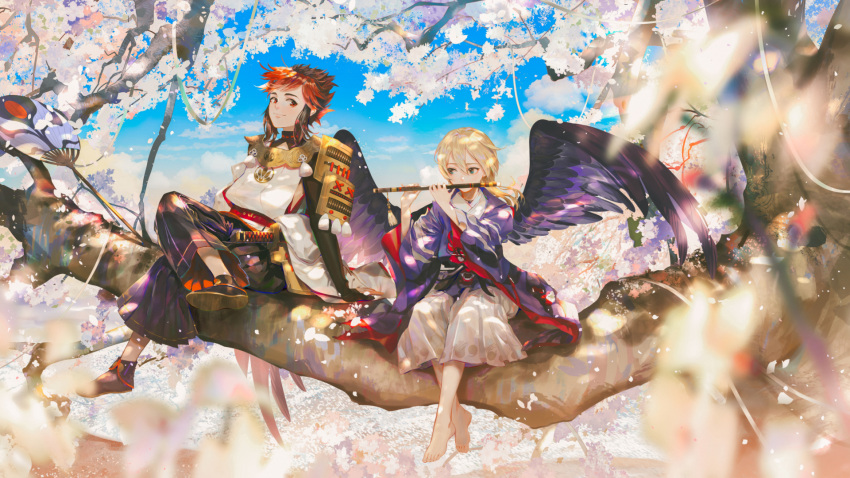 2boys armor barefoot bird_wings black_hakama black_wings blonde_hair blue_eyes blue_sky blurry blurry_foreground brown_hair cherry_blossoms daitengu_(onmyoji) dappled_sunlight day depth_of_field fan flower flute hakama highres in_tree instrument japanese_armor japanese_clothes kariginu katana kimono legs_crossed long_hair long_sleeves male_focus minamoto_no_hiromasa multicolored_hair multiple_boys music onmyoji outdoors playing_instrument red_eyes redhead say_hana shoes shoulder_armor sitting sitting_in_tree sky smile sode sunlight sword tassel tengu tree two-tone_hair weapon white_hakama wide_sleeves wings