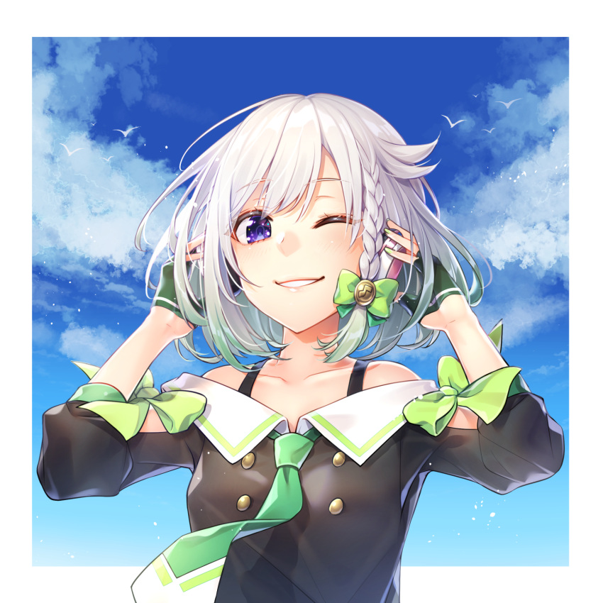 1girl arms_up bangs bare_shoulders bird black_gloves black_shirt blue_sky blush bow bra_strap braid collarbone day eyebrows_visible_through_hair fingerless_gloves gloves green_bow green_neckwear half_gloves highres kitazume_kumie long_sleeves looking_at_viewer necktie off-shoulder_shirt off_shoulder one_eye_closed outdoors parted_lips shirt short_hair side_braid simple_background sky smile solo upper_body violet_eyes virtual_youtuber yuni_(yuni_channel) yuni_channel