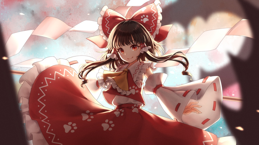 1girl ascot bangs bare_shoulders black_hair bow commentary_request cowboy_shot detached_sleeves dtvisu frilled_ascot frilled_bow frilled_shirt_collar frills gohei hair_bow hair_tubes hakurei_reimu highres holding long_sleeves looking_at_viewer paw_print petticoat red_bow red_eyes red_skirt ribbon-trimmed_sleeves ribbon_trim shide short_hair_with_long_locks sidelocks skirt skirt_set smile solo touhou wide_sleeves wily_beast_and_weakest_creature yellow_neckwear