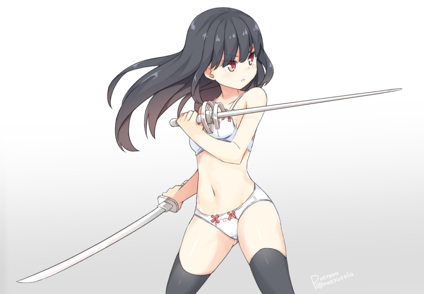 1girl bangs bare_arms bare_shoulders black_hair black_legwear blush bow bow_bra bow_panties bra breasts dual_wielding eyebrows_visible_through_hair gradient gradient_background grey_background hair_between_eyes hatsunatsu holding holding_sword holding_weapon katana long_hair looking_away looking_to_the_side navel original panties parted_lips red_eyes small_breasts solo sword thigh-highs twitter_username underwear underwear_only v-shaped_eyebrows very_long_hair weapon white_background white_bra white_panties
