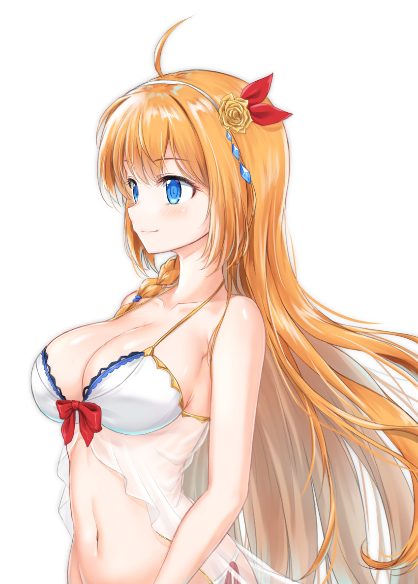 1girl ahoge babydoll bangs bare_arms bare_shoulders black_hairband blue_eyes blush bow braid breasts cleavage closed_mouth collarbone eyebrows_visible_through_hair flower gukukimu hair_flower hair_ornament hairband highres large_breasts long_hair looking_afar looking_away navel orange_flower orange_hair orange_rose pecorine princess_connect!_re:dive red_bow rose simple_background single_braid smile solo stomach underwear underwear_only upper_body very_long_hair white_background