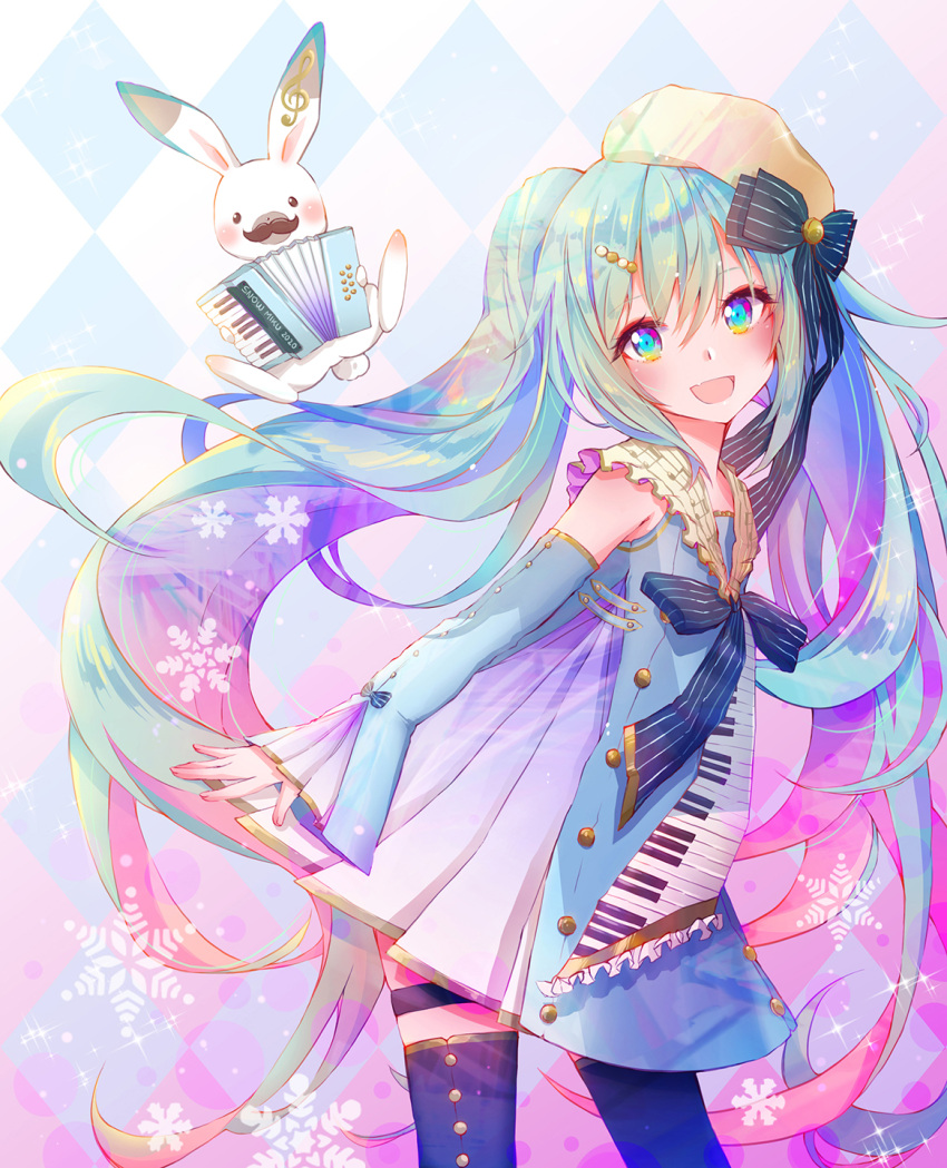 1girl :d accordion animal argyle argyle_background bangs beret black_bow black_legwear blue_dress blue_eyes blue_hair blue_sleeves blush bow brown_headwear commentary_request detached_sleeves dress eyebrows_visible_through_hair fake_facial_hair fake_mustache fang hair_between_eyes hair_ornament hairclip hat hatsune_miku head_tilt highres holding holding_instrument instrument leaning_forward long_hair long_sleeves looking_at_viewer looking_to_the_side multicolored_hair open_mouth piano_print purple_hair rabbit sleeveless sleeveless_dress sleeves_past_wrists smile snowflakes striped striped_bow thigh-highs thigh_strap tilted_headwear treble_clef twintails two-tone_hair very_long_hair vocaloid wide_sleeves xenxen yuki_miku yukine_(vocaloid)