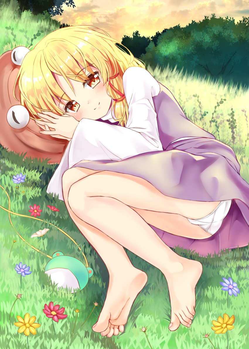 1girl absurdres ass bangs barefoot blonde_hair blush brown_headwear clouds commentary_request eyebrows_visible_through_hair flower full_body grass hair_ribbon hat hat_removed headwear_removed highres long_sleeves looking_at_viewer lying moriya_suwako on_side outdoors own_hands_together panties pantyshot pantyshot_(lying) purple_flower purple_skirt purple_vest pyonta ramudia_(lamyun) red_flower red_ribbon ribbon shadow shirt short_hair sidelocks skirt skirt_set smile solo sunset thighs touhou tree underwear vest white_panties white_shirt wide_sleeves yellow_eyes yellow_flower