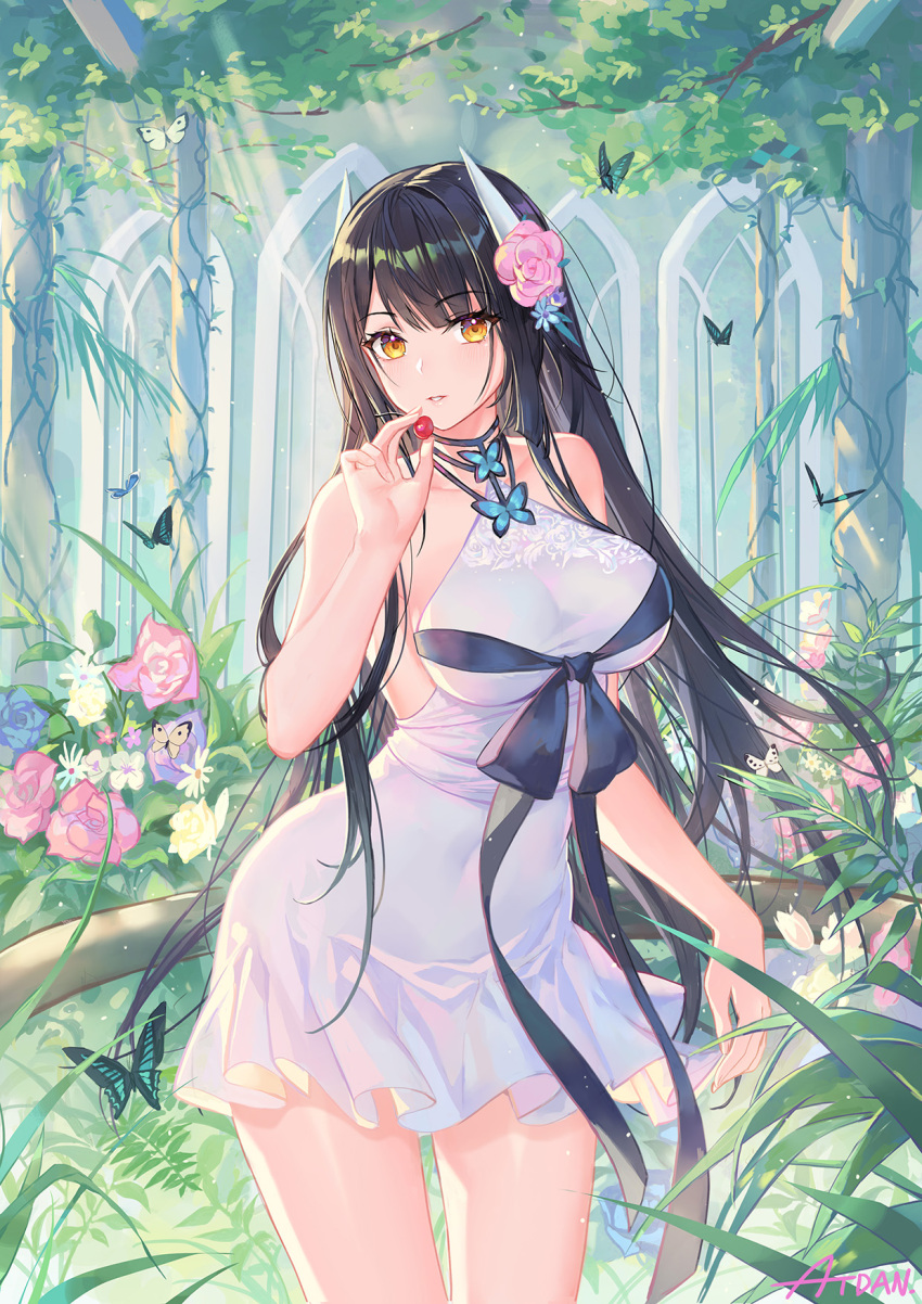 1girl alternate_costume artist_name atdan azur_lane bare_arms bare_shoulders black_hair blue_flower blush breasts bug butterfly cherry collarbone commentary covered_navel cowboy_shot dress flower food fruit hair_flower hair_ornament halter_dress hand_up hiei_(azur_lane) highres holding holding_food holding_fruit horns insect large_breasts leaf light_particles light_rays long_hair looking_at_viewer parted_lips pink_flower plant purple_flower rose sleeveless sleeveless_dress solo standing sunbeam sunlight thighs tree very_long_hair white_dress yellow_eyes