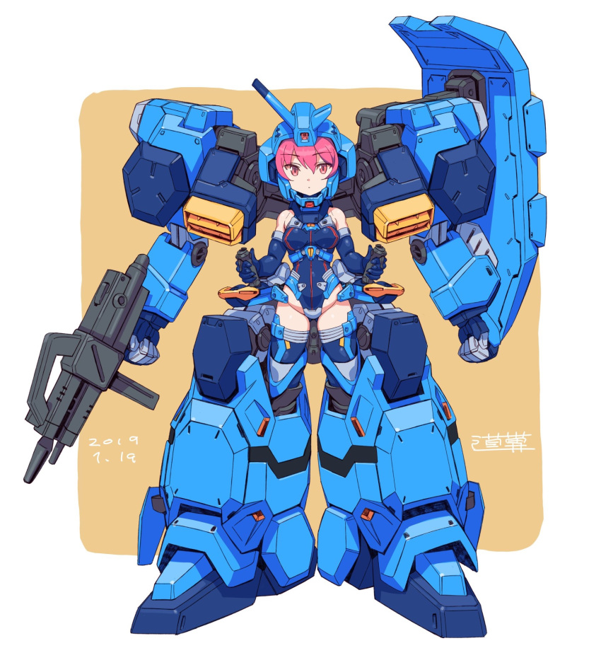 1girl armor bare_shoulders breasts commentary_request controller elbow_gloves full_body gloves gun gundam gundam_hathaway's_flash gustav_karl helmet highres large_breasts leotard looking_at_viewer mecha_musume michi_kuso pink_eyes pink_hair shield short_hair simple_background solo thigh-highs weapon