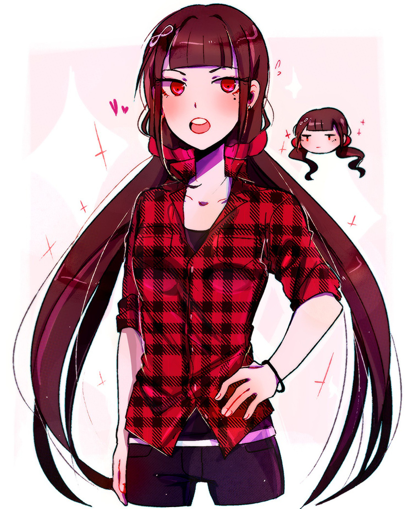 1girl alternate_costume bangs black_hair black_shirt collarbone commentary dangan_ronpa english_commentary hair_ornament hairclip harukawa_maki heart highres huyandere long_hair looking_at_viewer low_twintails mole mole_under_eye new_dangan_ronpa_v3 pants red_eyes red_scrunchie red_shirt scrunchie shirt simple_background sleeves_rolled_up solo twintails two-tone_shirt very_long_hair