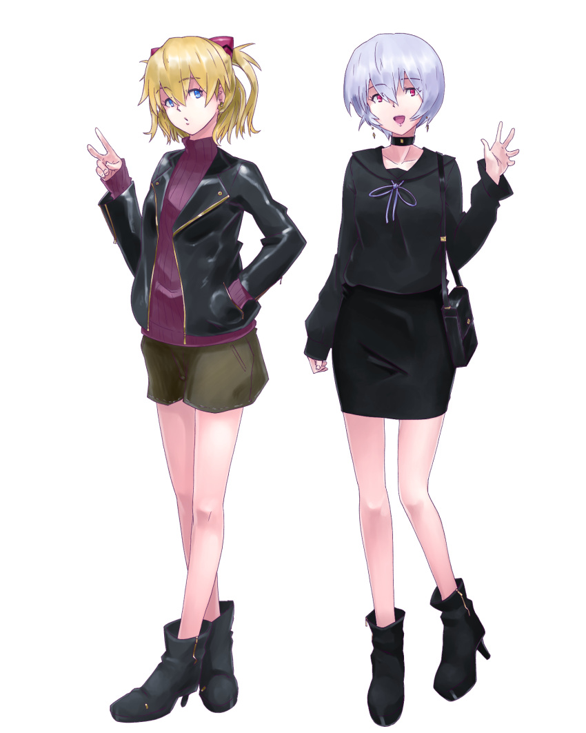 2girls :d alternate_hair_length alternate_hairstyle ayanami_rei bag black_footwear black_jacket black_sailor_collar black_shirt black_skirt blonde_hair blue_eyes boots brown_shorts collar collarbone earrings eyebrows_visible_through_hair full_body grey_footwear hair_between_eyes hand_in_pocket handbag headgear highres jacket jewelry konbari_tariumu long_sleeves looking_at_viewer miniskirt multiple_girls neck_ribbon neon_genesis_evangelion open_clothes open_jacket open_mouth pencil_skirt purple_ribbon purple_sweater red_eyes ribbed_sweater ribbon sailor_collar shiny shiny_clothes shiny_hair shirt short_hair short_shorts shorts silver_hair simple_background skirt smile souryuu_asuka_langley standing sweater v waving white_background