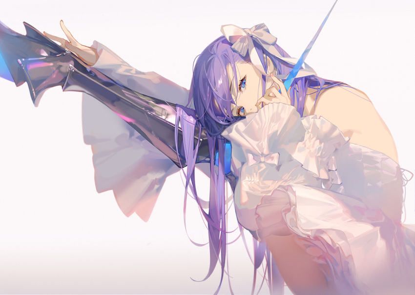 1girl armor armored_boots ask_(askzy) bangs blue_eyes blue_ribbon boots bow covered_mouth dress eyebrows_visible_through_hair fate/extra fate/grand_order fate_(series) gradient gradient_background hair_bow hair_ribbon head_tilt holding leg_up long_hair long_sleeves looking_at_viewer meltlilith purple_hair ribbon sidelocks simple_background sleeves_past_wrists solo split very_long_hair weibo_username white_bow white_dress white_ribbon