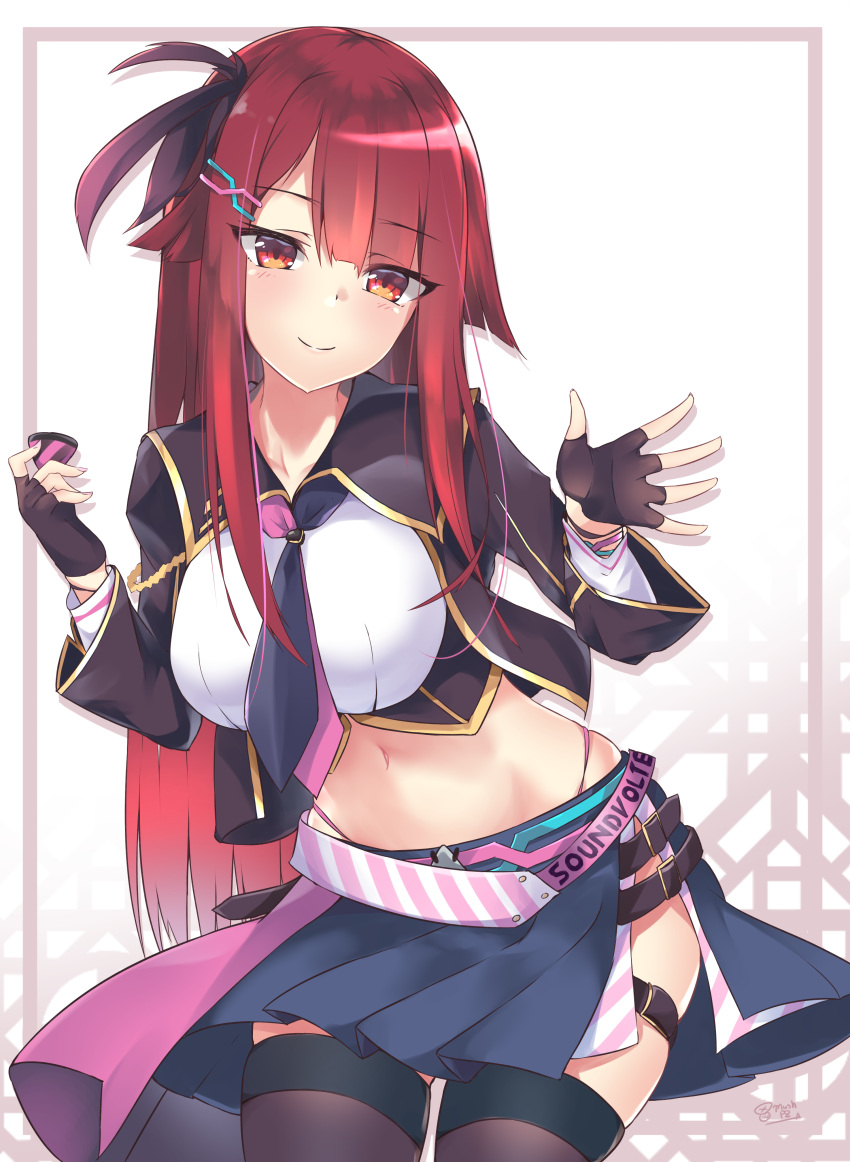 1girl absurdres bangs belt black_gloves black_legwear blue_skirt breasts closed_mouth collarbone commentary_request cowboy_shot crop_top fingerless_gloves framed_breasts gloves hair_ornament hair_ribbon hairclip hands_up head_tilt highleg highleg_panties highres holding k-doku kureha_(sound_voltex) large_breasts leg_belt long_hair long_sleeves looking_at_viewer midriff miniskirt navel necktie panties pink_panties plectrum red_eyes redhead ribbon side_slit signature skindentation skirt smile solo sound_voltex standing stomach thigh-highs thighs underwear wing_collar zettai_ryouiki