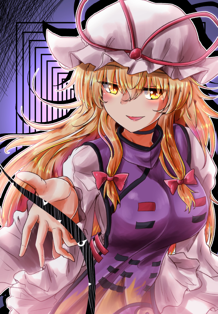 1girl :d bangs black_choker blonde_hair blush bow breasts choker commentary_request dress eyebrows_visible_through_hair gap hair_between_eyes hair_bow hat hat_ribbon highres large_breasts layered_dress long_hair long_sleeves looking_at_viewer mob_cap open_mouth oshiaki outline purple_background red_bow red_ribbon ribbon sidelocks silhouette smile solo tabard touhou upper_body very_long_hair white_dress white_headwear white_outline wide_sleeves yakumo_yukari yellow_eyes