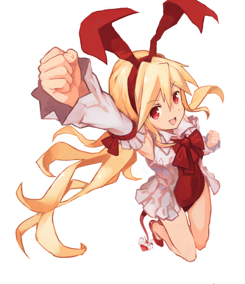1girl arm_up armpits blonde_hair clenched_hands demon_tail detached_sleeves disgaea flonne flonne_(fallen_angel) hairband highres jumping leotard long_hair makai_senki_disgaea open_mouth red_eyes red_leotard ribbon shoes simple_background smile solo tail white_background yanyan_(shinken_gomi)
