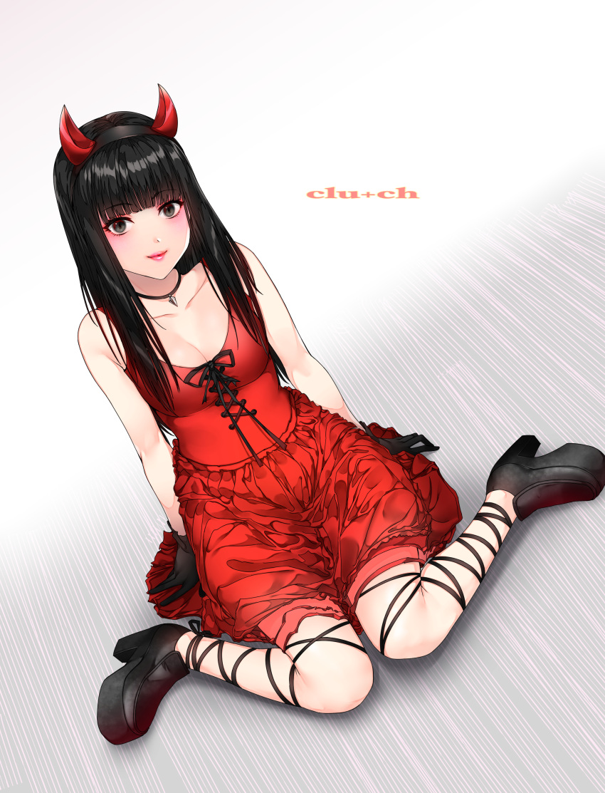 1girl absurdres arm_support bangs black_eyes black_footwear black_gloves black_hair black_hairband black_ribbon blunt_bangs breasts cleavage collarbone demon_horns fake_horns full_body gloves hairband highres horns jewelry leg_ribbon long_hair looking_at_viewer makeup maou(demonlord) medium_breasts miniskirt necklace original red_lips red_skirt ribbon sitting skirt sleeveless smile solo straight_hair wariza