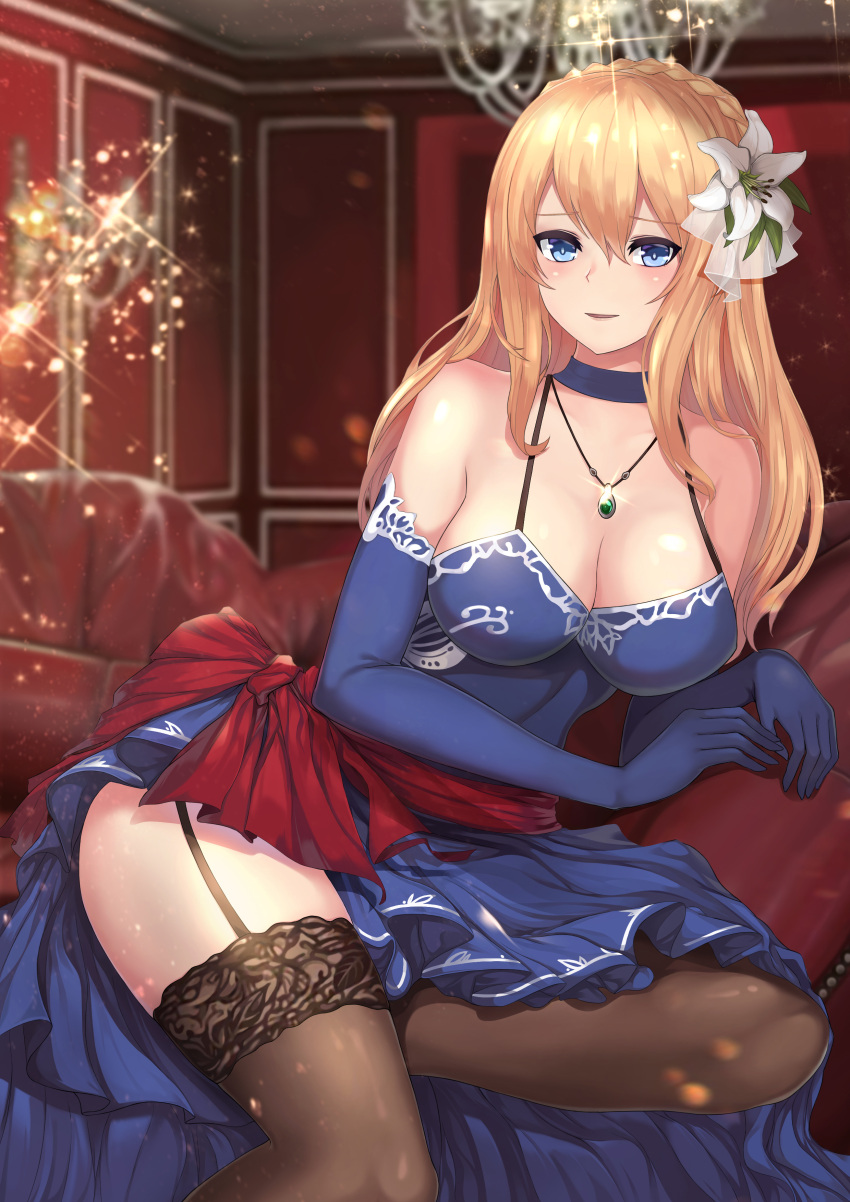 1girl absurdres alternate_costume alternate_hairstyle bare_shoulders beluga_dolphin blonde_hair blue_dress blue_eyes blue_gloves blush braid breasts brown_legwear choker cleavage collarbone couch crown_braid dress elbow_gloves eyebrows_visible_through_hair eyes_visible_through_hair flower french_braid garter_straps girls_frontline glint gloves hair_between_eyes hair_flower hair_ornament highres indoors jewelry lace lace-trimmed_legwear large_breasts light_particles long_hair looking_at_viewer mosin-nagant_(girls_frontline) necklace open_mouth pendant sitting smile solo strap_gap thigh-highs thighs