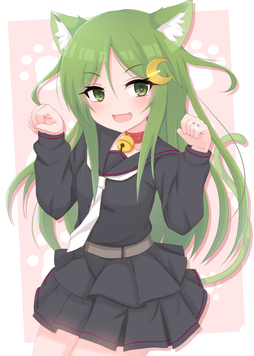 1girl animal_ears bell bell_collar black_skirt blush cat_ears cat_tail collar eyebrows_visible_through_hair frozenpile green_eyes green_hair highres jewelry kantai_collection long_hair long_sleeves looking_at_viewer nagatsuki_(kantai_collection) necktie open_mouth paw_pose ring skirt smile solo tail white_neckwear