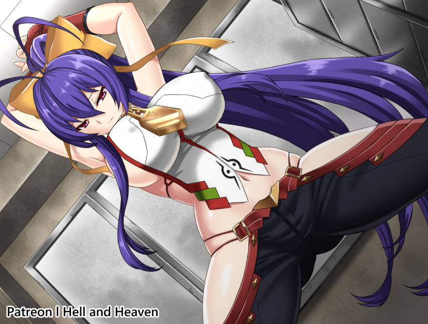 1girl antenna_hair armpits arms_up backless_outfit black_pants blazblue blazblue:_central_fiction blazblue:_cross_tag_battle blazblue_variable_heart blue_hair bow breasts closed_mouth erect_nipples genderswap genderswap_(mtf) gluteal_fold hair_bow halter_top halterneck hellandheaven indoors large_breasts long_hair lowleg lowleg_pants mai_natsume navel pants patreon_username pink_eyes revealing_clothes sideboob solo spread_legs very_long_hair yellow_bow