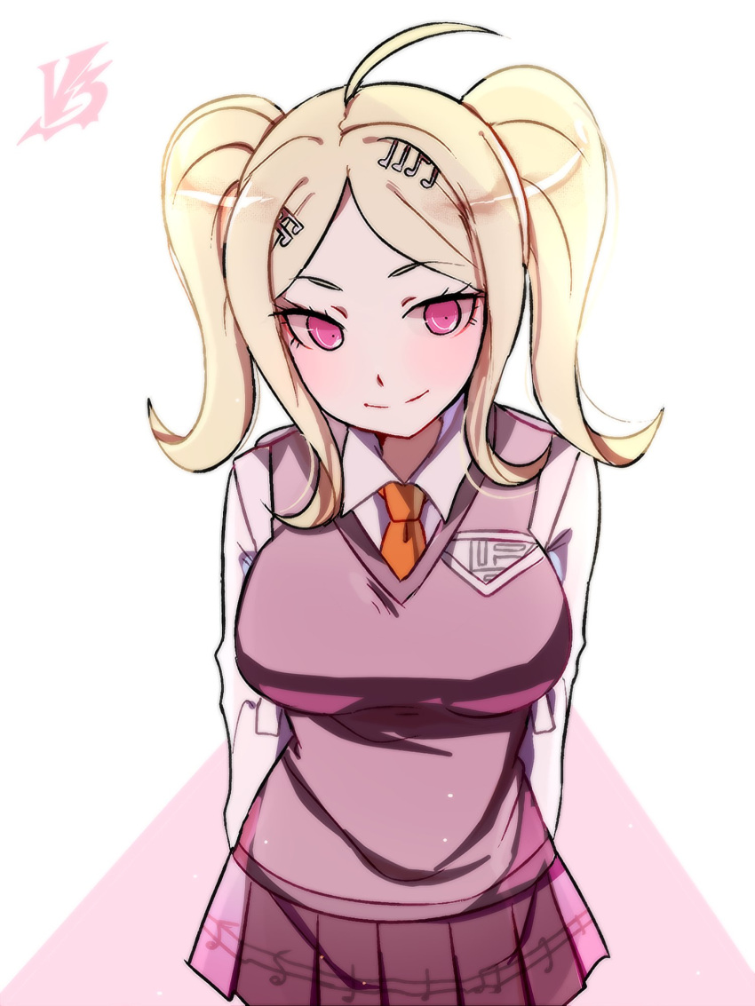 1girl ahoge akamatsu_kaede alternate_hairstyle arms_behind_back bangs beamed_eighth_notes blonde_hair blush breasts commentary dangan_ronpa eighth_note english_commentary eyebrows_visible_through_hair hair_ornament highres huyandere long_hair looking_at_viewer musical_note musical_note_hair_ornament necktie new_dangan_ronpa_v3 pleated_skirt school_uniform shirt simple_background skirt smile solo sweater_vest twintails violet_eyes