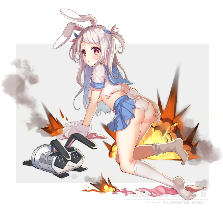 1girl :x all_fours animal_ears ass blue_ribbon blue_sailor_collar blue_skirt blush breasts bunny_girl bunny_tail carrot changchun_(warship_girls_r) closed_mouth copyright_name crop_top explosion gloves grey_background grey_hair hair_ribbon hasu_(velicia) heart highres kneehighs long_hair looking_at_viewer looking_back medium_breasts midriff missile no_shoes official_art panties paw_gloves paws pink_ribbon pleated_skirt rabbit_ears red_eyes ribbon robot sailor_collar school_uniform serafuku shirt skirt smoke soles solo tail two-tone_background two_side_up under_boob underwear very_long_hair warship_girls_r white_background white_gloves white_legwear white_panties white_shirt